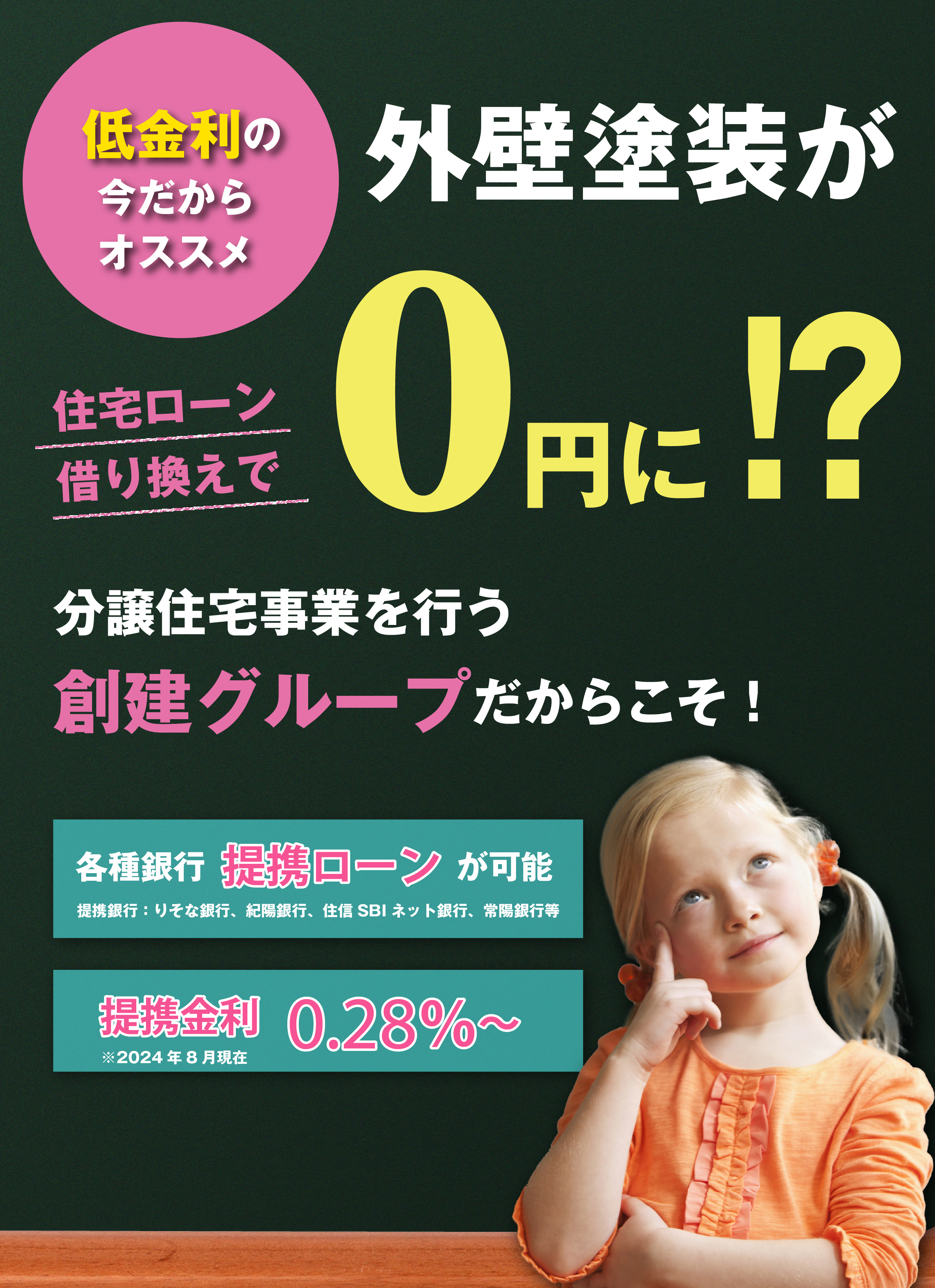 金利上昇に控えて上手な資産運用を！住宅ローン借り換えで外壁塗装が0円に！？
		分譲住宅事業を行う創建グループだからこそ！住宅ローンで培った多数の提携銀行ローンをご紹介できます
		各種銀行提携ローンが可能 紀陽銀行提携金利0.28％～